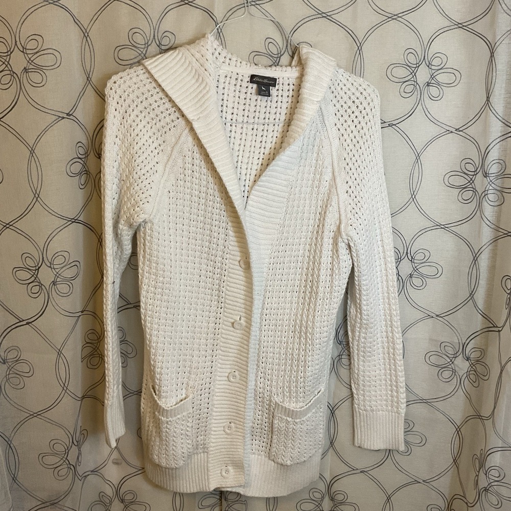 Eddie Bauer Woman's White Open Knit‎ Button-up Hooded Cardigan Size Small